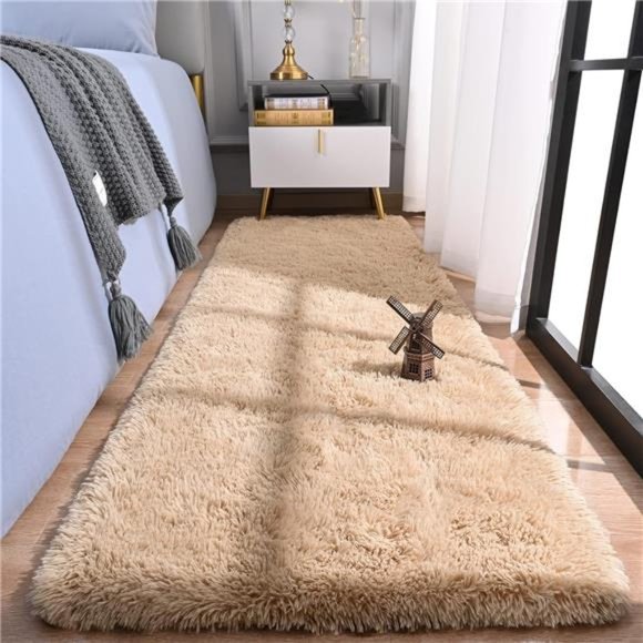 Soft Shag Runner Rug for Bedroom,2x6 Feet Fluffy Rugs with Non-Slip Bottom,Beige - Picture 1 of 6